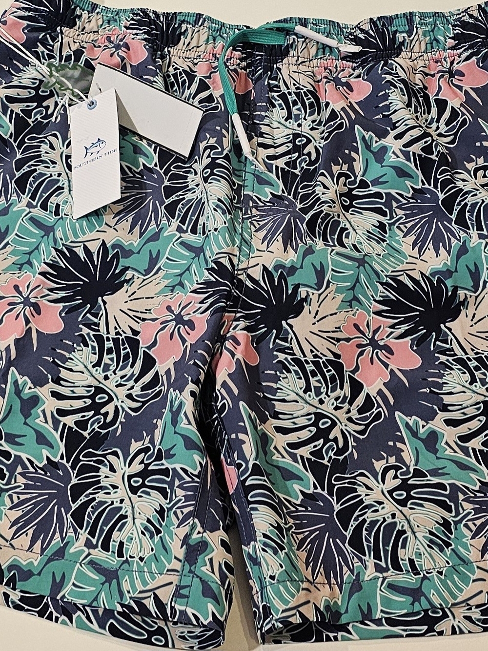 Southern Tide Boys Navy Tropical Leaf Swim Trunks